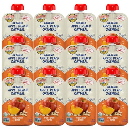 Earth's Best Organic Baby Food Pouches, Fruit and Grain Puree for Babies 6 Months and Older, Organic Apple Peach and Oatmeal Puree, 3.5 oz Resealable Pouch (Pack of 12)
