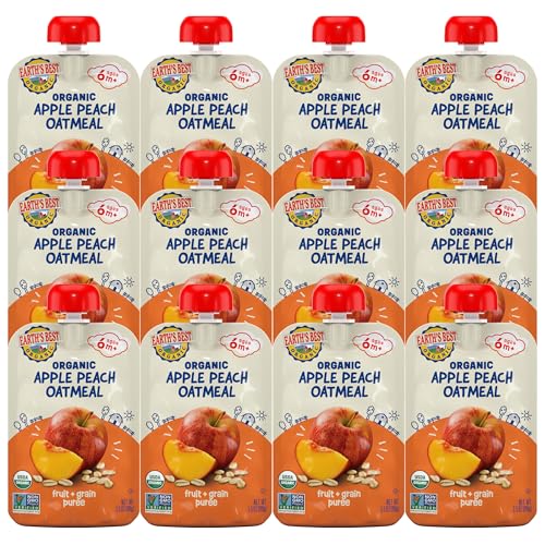 Earth's Best Organic Baby Food Pouches, Fruit and Grain Puree for Babies 6 Months and Older, Organic Apple Peach and Oatmeal Puree, 3.5 oz Resealable Pouch (Pack of 12)