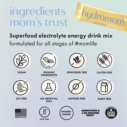 Boobie Hydromom Superfood Electrolyte Drink Mix, Blue Raspberry Lemonade | Refreshing Energy & Hydration Boost for Mamas | On-The-Go & Travel Essentials for Pregnancy, Lactation, & Beyond - 2 Pack
