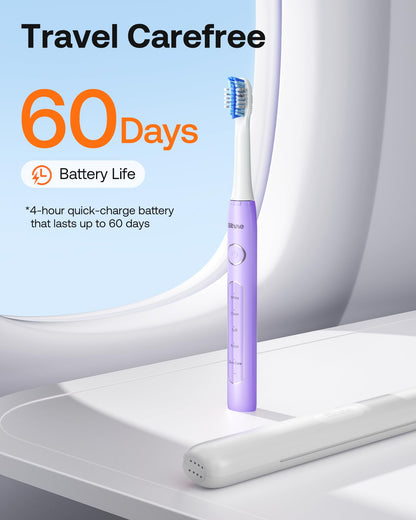 Bitvae Ultrasonic Electric Toothbrush for Adults and Kids, ADA Accepted Travel Toothbrush with Rechargeable 60-Day Battery Life, 5 Modes, 8 Heads, Case, Holder, Purple