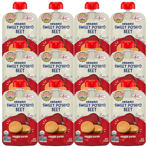 Earth's Best Organic Baby Food Pouches, Stage 2 Vegetable Puree for Babies 6 Months and Older, Organic Sweet Potato and Beets Puree, 3.5 oz Resealable Pouch (Pack of 12) (Packaging May Vary)
