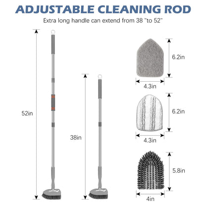 SetSail Floor Scrub Brush, 3-In-1 Tile Tub Floor Scrubber with 52-inch Adjustable Long Handle Shower Cleaner Brush and 4 Detachable Replacement Brush Heads for Cleaning Bathroom Kitchen Tub Tile, Grey