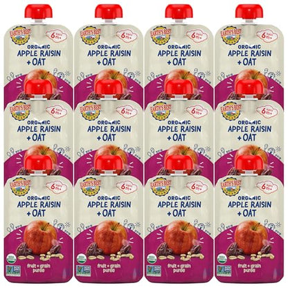 Earth's Best Organic Baby Food Pouches, Stage 2 Wholesome Breakfast Puree for Babies 6 Months and Older, Organic Apple Raisin Oat Puree, 3.5 oz Resealable Pouch (Pack of 12) (Packaging May Vary)