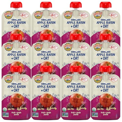 Earth's Best Organic Baby Food Pouches, Stage 2 Wholesome Breakfast Puree for Babies 6 Months and Older, Organic Apple Raisin Oat Puree, 3.5 oz Resealable Pouch (Pack of 12) (Packaging May Vary)