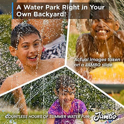 JAMBO Premium Triple Water Slide and 3 Bodyboards, Updated Model Slip Splash and Slide Heavy Duty Water Slides- 3-Way Sprinkler System, Splash Mat Pad, Backyard Outdoor Water Toys n Slides for Kids