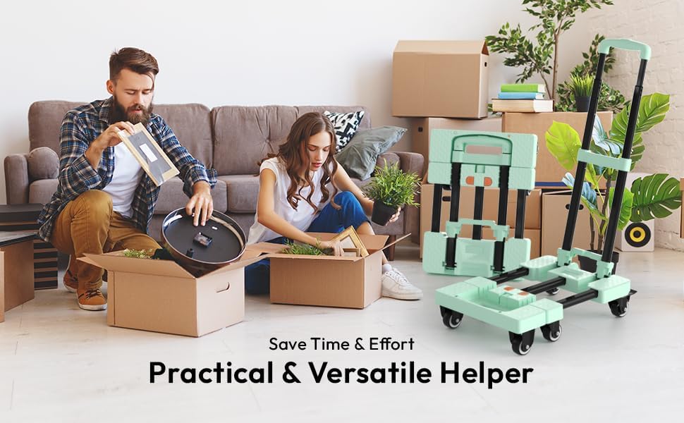 Folding Hand Truck 600lbs, Portable Heavy Duty Dolly Cart, 6 Wheels Collapsible Luggage Cart with 2 Elastic Ropes - Compact Trolley Cart for Easy Moving - Ideal Hand Cart for Travel and More