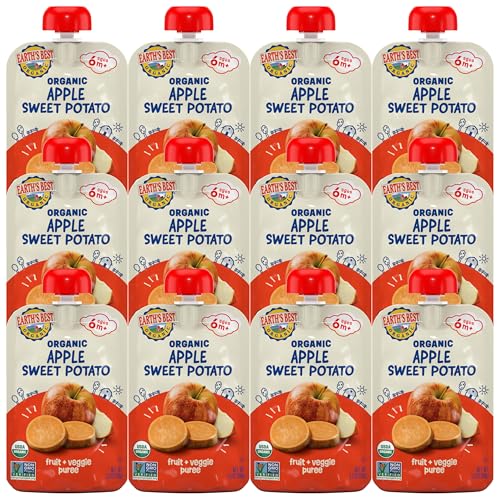 Earth's Best Organic Baby Food Pouches, Stage 2 Fruit and Vegetable Puree for Babies 6 Months and Older, Organic Sweet Potato and Apple Puree, 3.5 oz Resealable Pouch (Pack of 12) (Packaging May Vary)