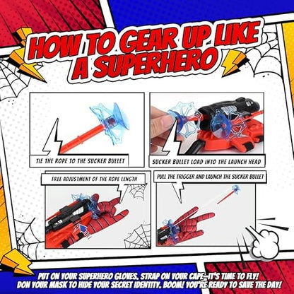 Superhero Web-Slinging Toy Set – 7-in-1 Superhero Set Includes 2 Web Shooters, 2 Hero Masks, 2 Gloves, and 1 Cape – Ideal for Indoor and Outdoor Costume Role-Playing, Imaginative Play for Kids Ages 3+