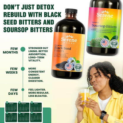 Serene Herbs Soursop Bitters Liquid & Black Seed Bundle – Organic Herbal Guanabana for Digestive Support & Immune Health – Vegan, Non-GMO – 32 oz (16 oz Each), 64 Servings
