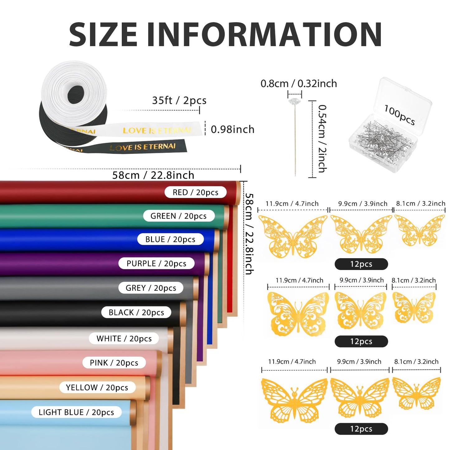 NESCCI 200 Sheets Flower Wrapping Paper - Waterproof Florist Bouquet Paper,70Ft Satin Ribbon, 36 Pcs 3D Butterflies 100 PCS Flower Pins for Wedding Birthday Gift DIY (10 Colors)