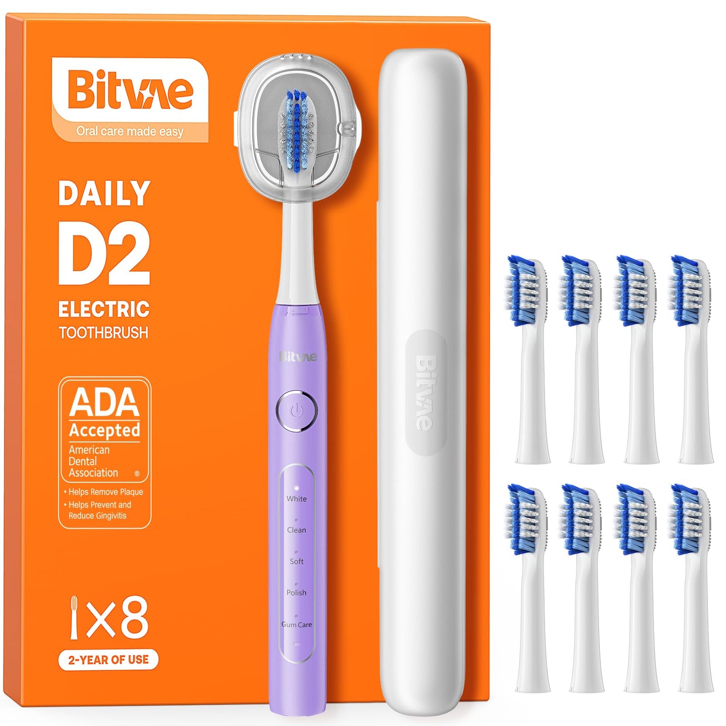 Bitvae Ultrasonic Electric Toothbrush for Adults and Kids, ADA Accepted Travel Toothbrush with Rechargeable 60-Day Battery Life, 5 Modes, 8 Heads, Case, Holder, Purple