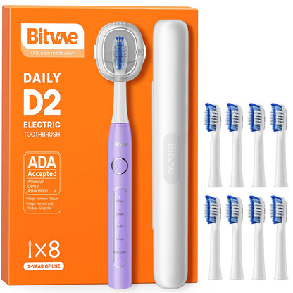 Bitvae Ultrasonic Electric Toothbrush for Adults and Kids, ADA Accepted Travel Toothbrush with Rechargeable 60-Day Battery Life, 5 Modes, 8 Heads, Case, Holder, Purple