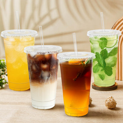 Lamosi 100 Pack 20 oz Clear Plastic Cups with Lids and Straws, Disposable Iced Coffee Cups with Lids for To-Go Cold Drinks, Smoothies and Slushie