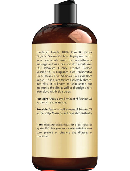 Handcraft Blends Organic Sesame Oil - 16 Fl Oz - 100% Pure and Natural - Premium Grade Carrier Oil for Skin and Hair - Hair and Body - Massage - Expeller-Pressed and Hexane-Free