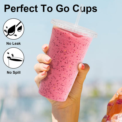 Lamosi 100 Pack 20 oz Clear Plastic Cups with Lids and Straws, Disposable Iced Coffee Cups with Lids for To-Go Cold Drinks, Smoothies and Slushie