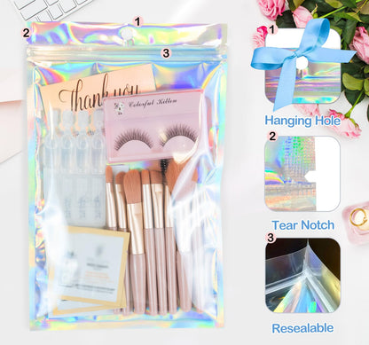Trunple Smell Proof Bags & Resealable Foil Pouch Sample Bag [100 PCS ] Great for Party Favor Food Storage (Holographic Color) (6x9 Inch)