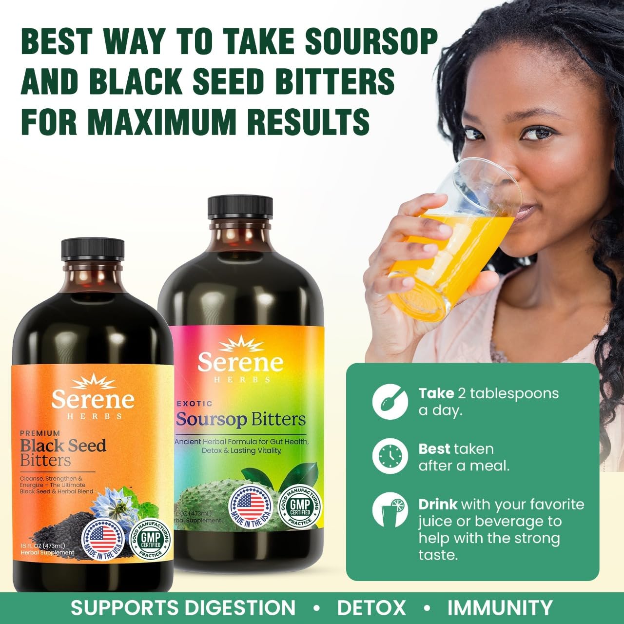 Serene Herbs Soursop Bitters Liquid & Black Seed Bundle – Organic Herbal Guanabana for Digestive Support & Immune Health – Vegan, Non-GMO – 32 oz (16 oz Each), 64 Servings