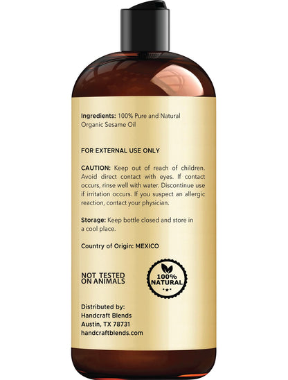 Handcraft Blends Organic Sesame Oil - 16 Fl Oz - 100% Pure and Natural - Premium Grade Carrier Oil for Skin and Hair - Hair and Body - Massage - Expeller-Pressed and Hexane-Free