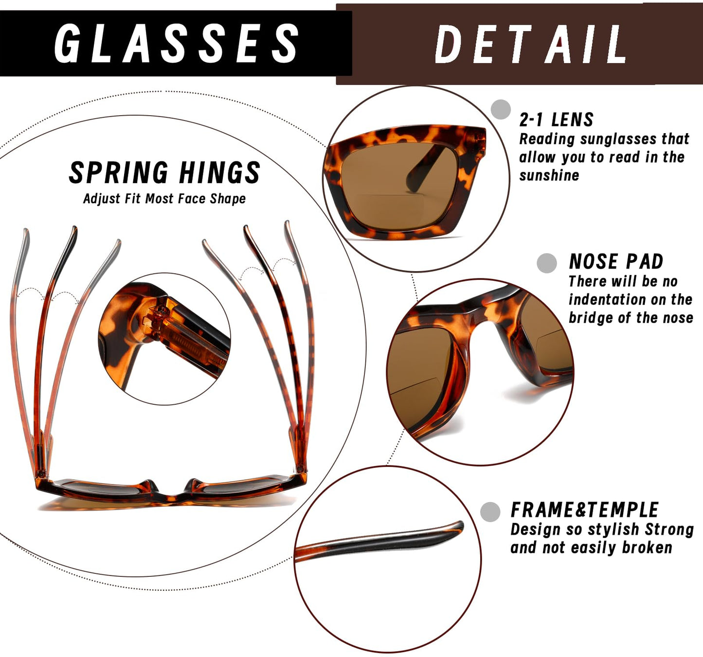 Hubeye Bifocal Sunglasses For Women Oprah Style Square Reading Sunglasses UV400 Sun Readers Glasses With Metal Spring +1.25