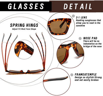 Hubeye Bifocal Sunglasses For Women Oprah Style Square Reading Sunglasses UV400 Sun Readers Glasses With Metal Spring +1.25