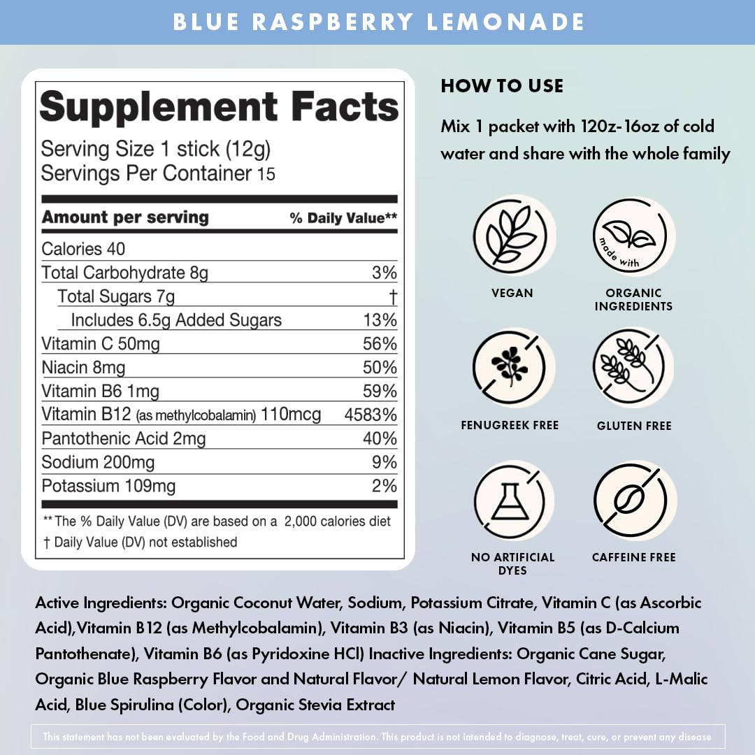 Boobie Hydromom Superfood Electrolyte Drink Mix, Blue Raspberry Lemonade | Refreshing Energy & Hydration Boost for Mamas | On-The-Go & Travel Essentials for Pregnancy, Lactation, & Beyond - 2 Pack