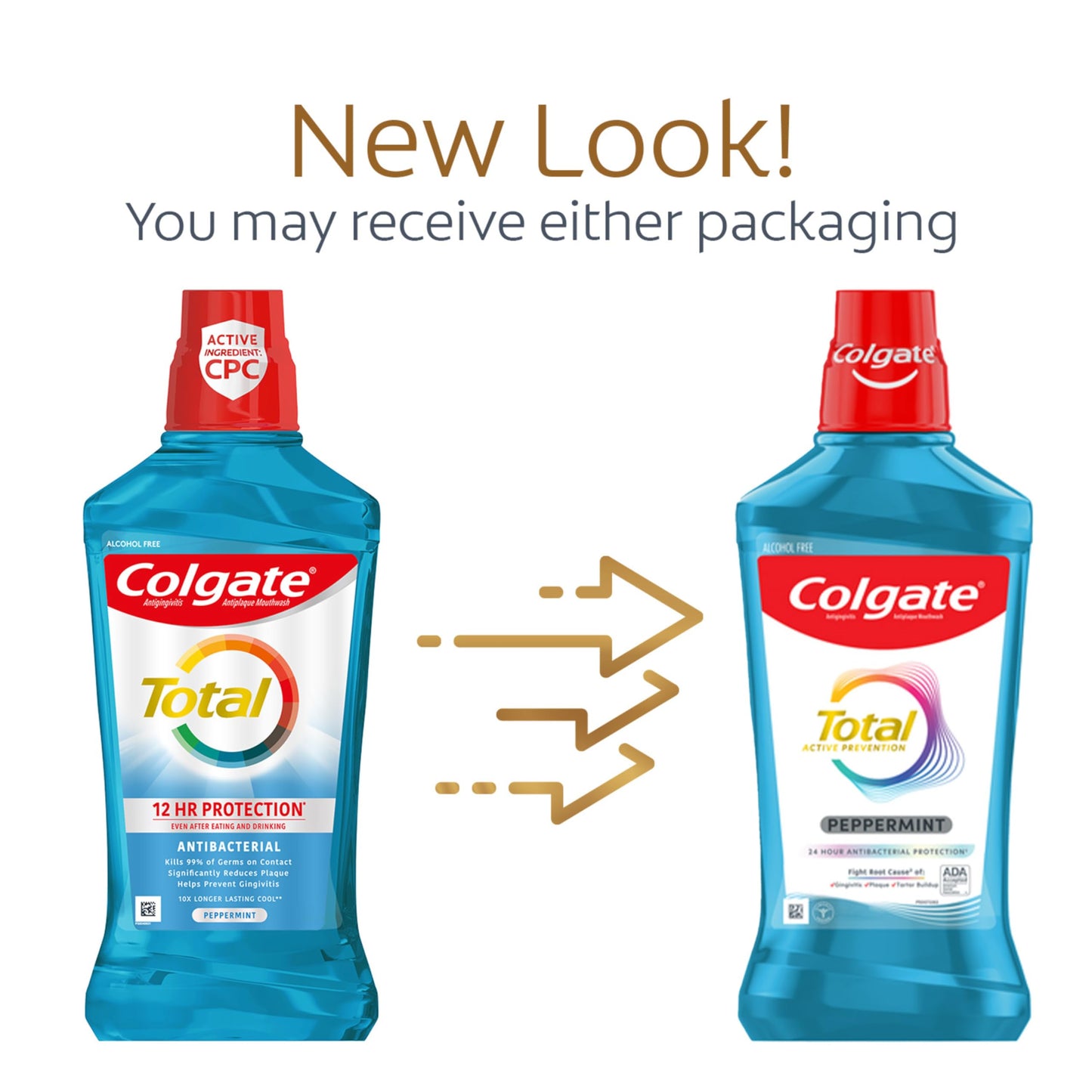 Colgate Total Alcohol Free Mouthwash, Peppermint for Bad Breath, Helps Prevent Gingivitis and Plaque, 3 Pack, 33.8 Oz Each