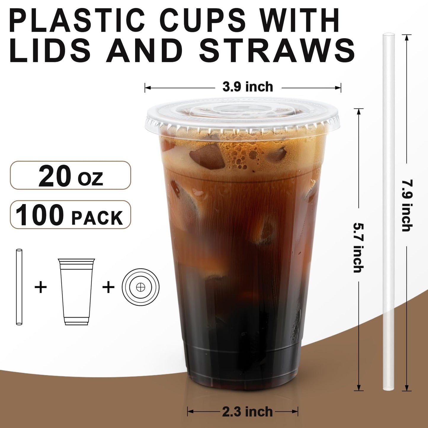 Lamosi 100 Pack 20 oz Clear Plastic Cups with Lids and Straws, Disposable Iced Coffee Cups with Lids for To-Go Cold Drinks, Smoothies and Slushie