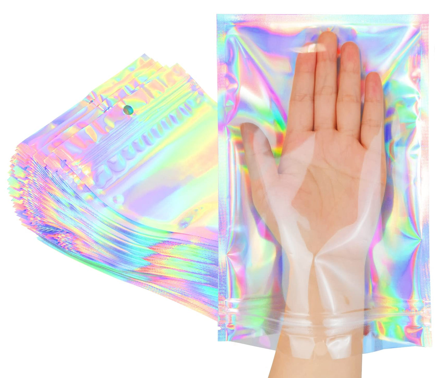 Trunple Smell Proof Bags & Resealable Foil Pouch Sample Bag [100 PCS ] Great for Party Favor Food Storage (Holographic Color) (6x9 Inch)