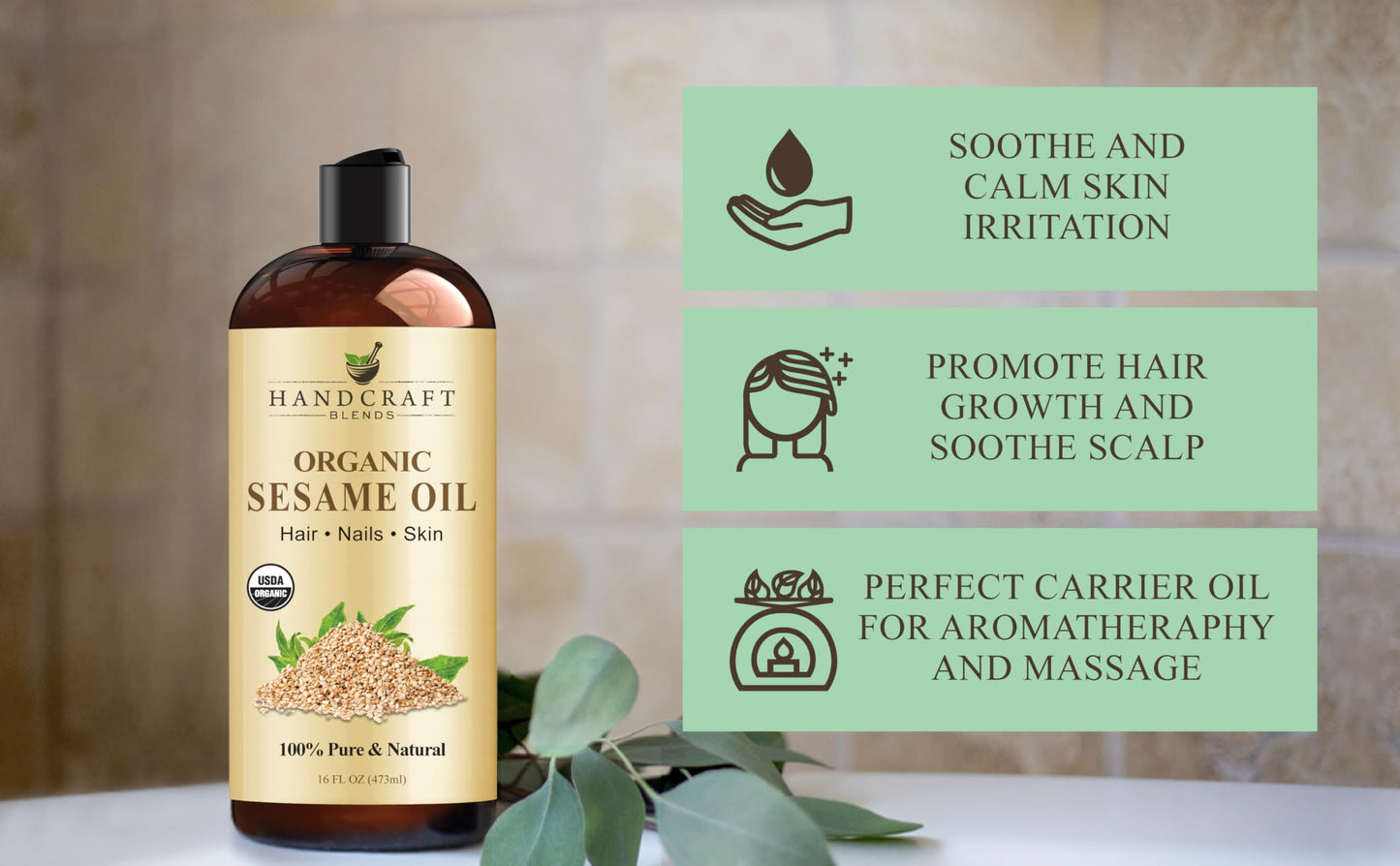 Handcraft Blends Organic Sesame Oil - 16 Fl Oz - 100% Pure and Natural - Premium Grade Carrier Oil for Skin and Hair - Hair and Body - Massage - Expeller-Pressed and Hexane-Free