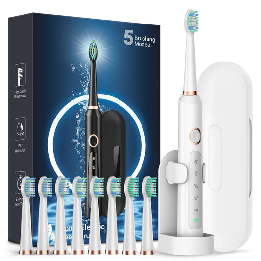 Rtauys M5 Sonic Electric Toothbrush for Adults and Kids - Rechargeable Electric Toothbrush Kids Ages 12+ and Adults with 8 Brush Heads & Travel Case, 120 Days Battery Life - White