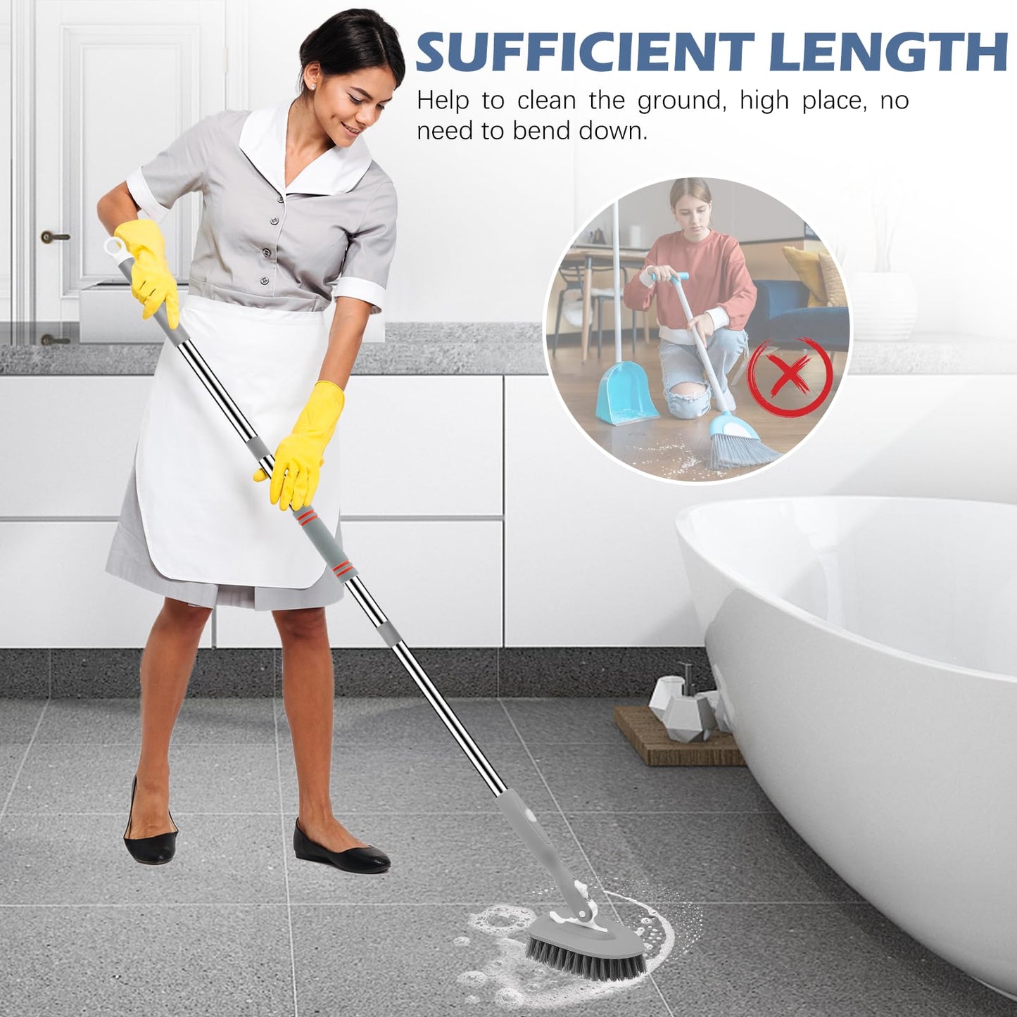 SetSail Floor Scrub Brush, 3-In-1 Tile Tub Floor Scrubber with 52-inch Adjustable Long Handle Shower Cleaner Brush and 4 Detachable Replacement Brush Heads for Cleaning Bathroom Kitchen Tub Tile, Grey