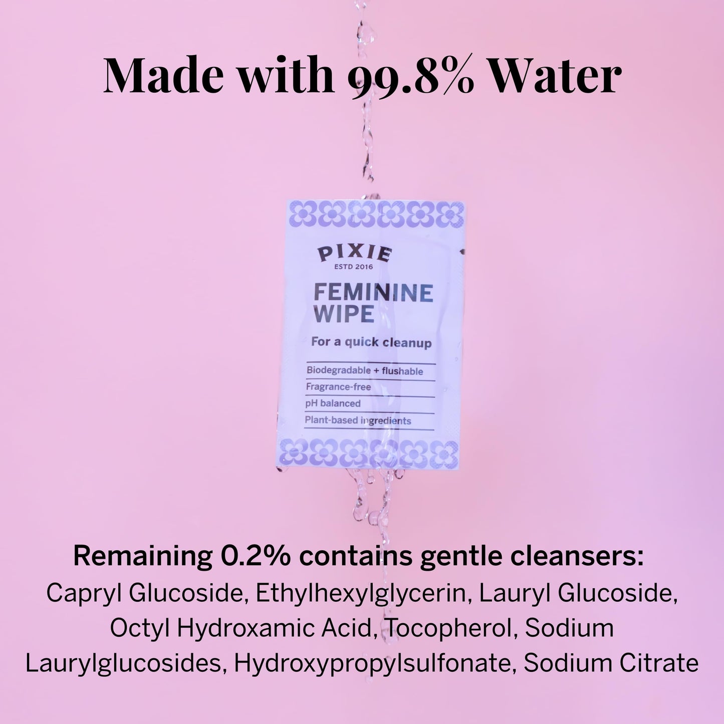 Pixie Feminine Wipes - Flushable, Biodegradable, & Ph Balanced - Best Individually Wrapped Body Wipes for On The Go & Public Bathrooms - Wash, & Cleaner For Your Menstrual Cups & Discs (40 Count)