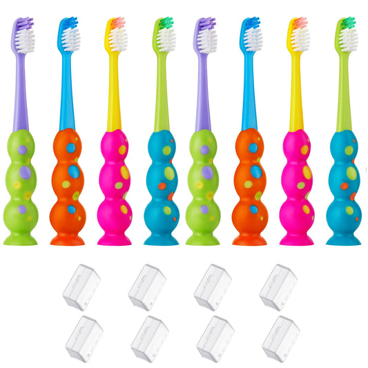 Trueocity Kids Toothbrush 8 Pack - Soft Contoured Bristles - Child Sized Brush Heads (3-10 Year Old) - Suction Cup for Fun & Easy Storage - Girl & Boy Set (8-Pack, Multi-Color)