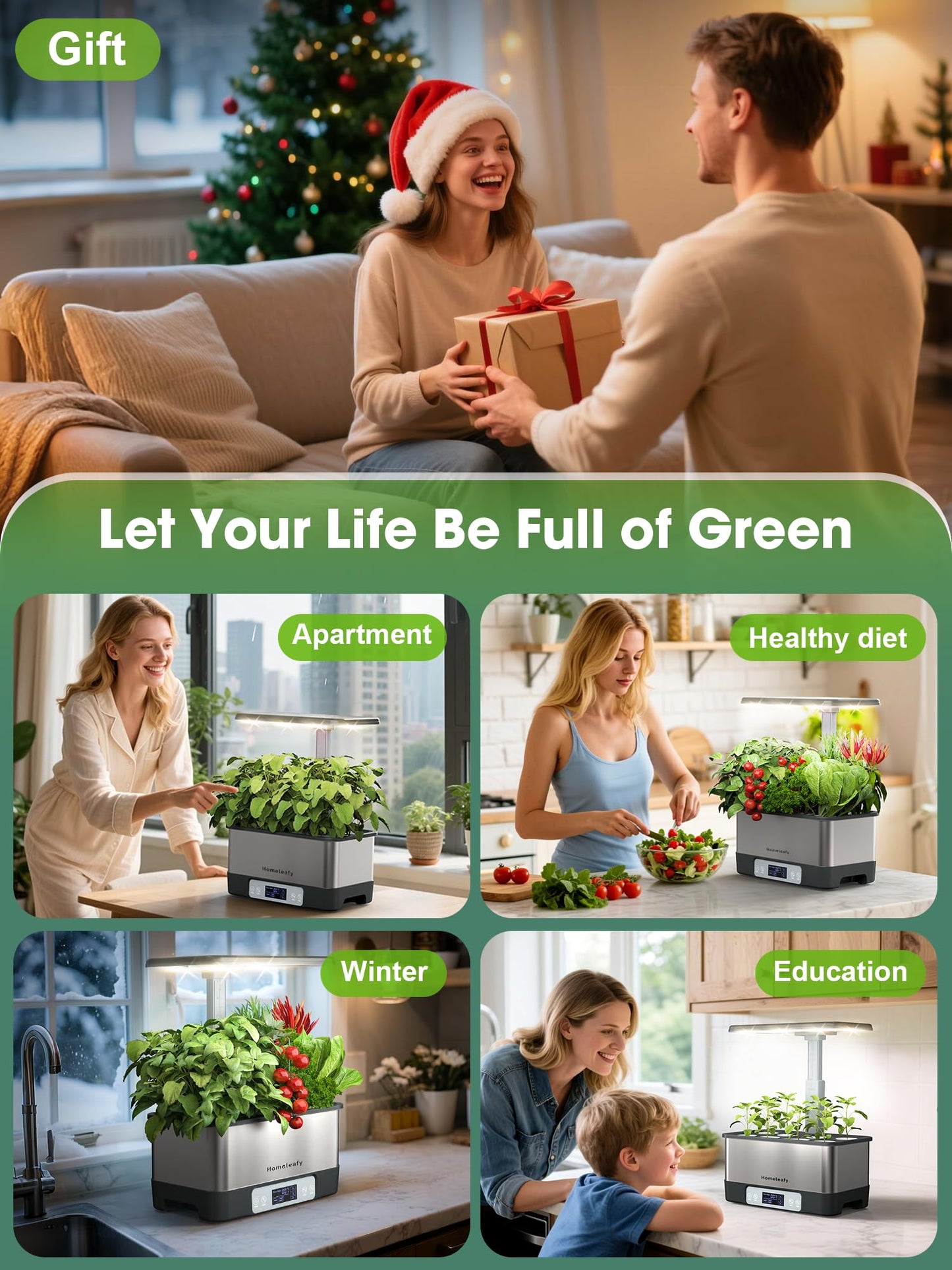 Homeleafy Hydroponics Growing System Kit, 8 Pods Smart Indoor Herb Garden with WiFi App Control, Seeds Pod Kit,LED Grow Light,Stainless Steel Herbs Planter for Lettuce,Basil,Gardening Gifts