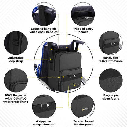 iMedic Deluxe Wheelchair Bag – Storage Backpack for Adults – Hangs Securely on Wheelchair Back – Organiser for Mobility & Electric Wheelchairs – Black