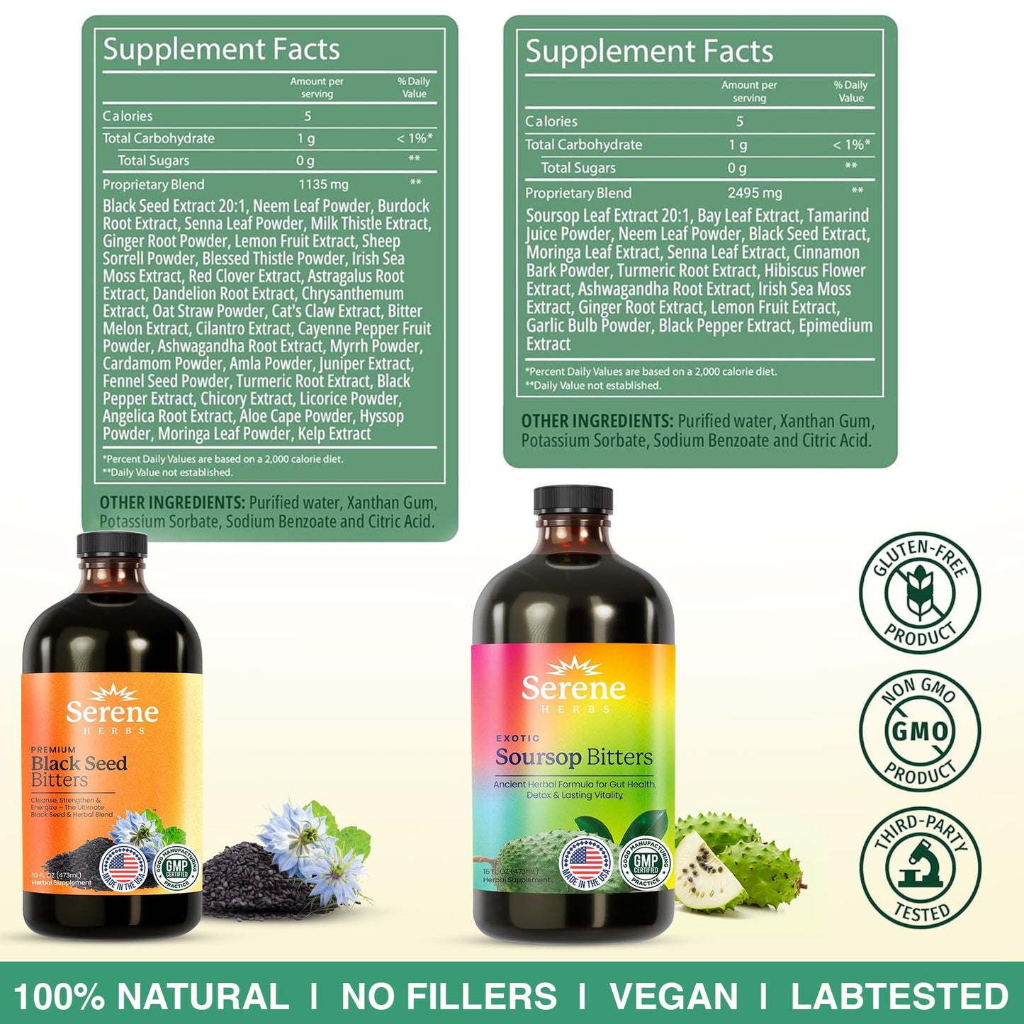 Serene Herbs Soursop Bitters Liquid & Black Seed Bundle – Organic Herbal Guanabana for Digestive Support & Immune Health – Vegan, Non-GMO – 32 oz (16 oz Each), 64 Servings