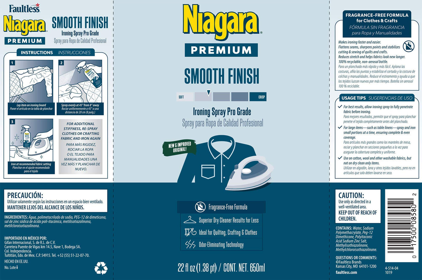 NIAGARA Spray Starch Smooth Finish (22 Oz, 12 Pack) Trigger Pump Liquid Starch for Ironing, Non-Aerosol Spray on Starch, No Flaking, Sticking or Clogging, Biodegradable Ingredients, Recyclable