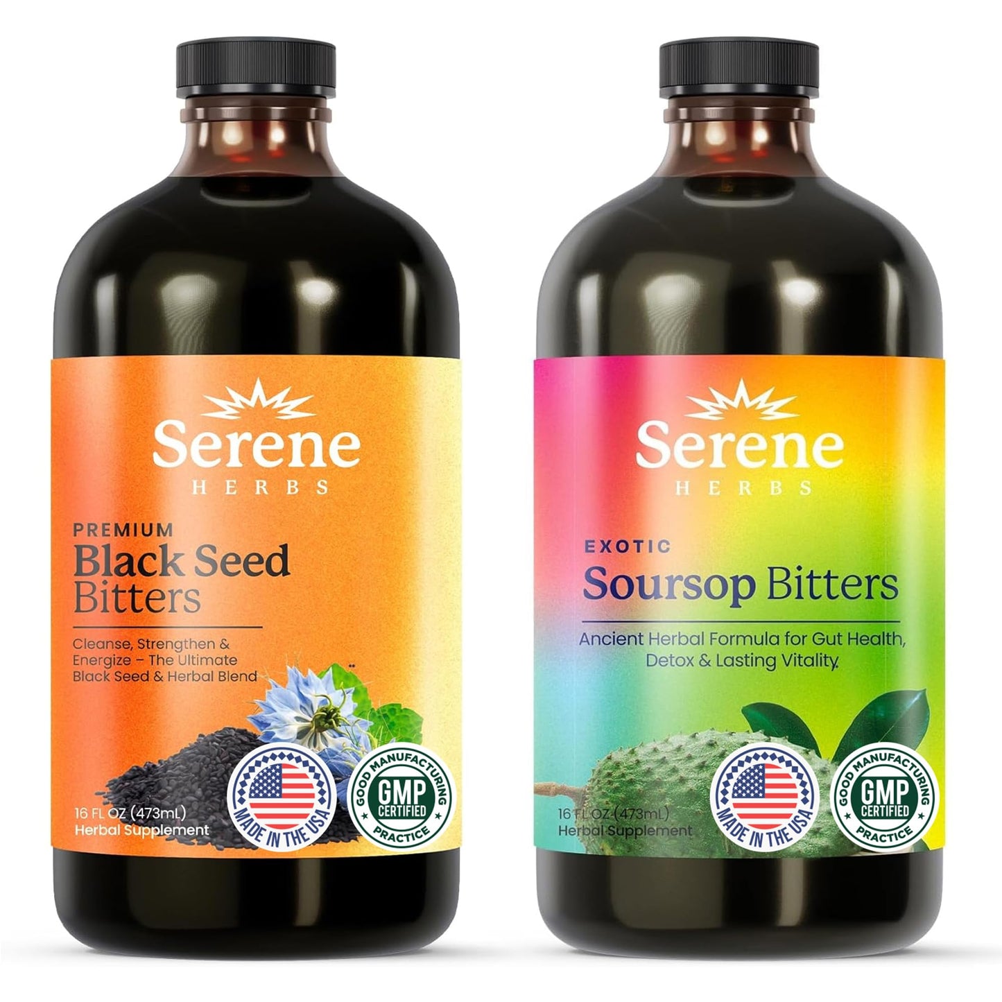 Serene Herbs Soursop Bitters Liquid & Black Seed Bundle – Organic Herbal Guanabana for Digestive Support & Immune Health – Vegan, Non-GMO – 32 oz (16 oz Each), 64 Servings