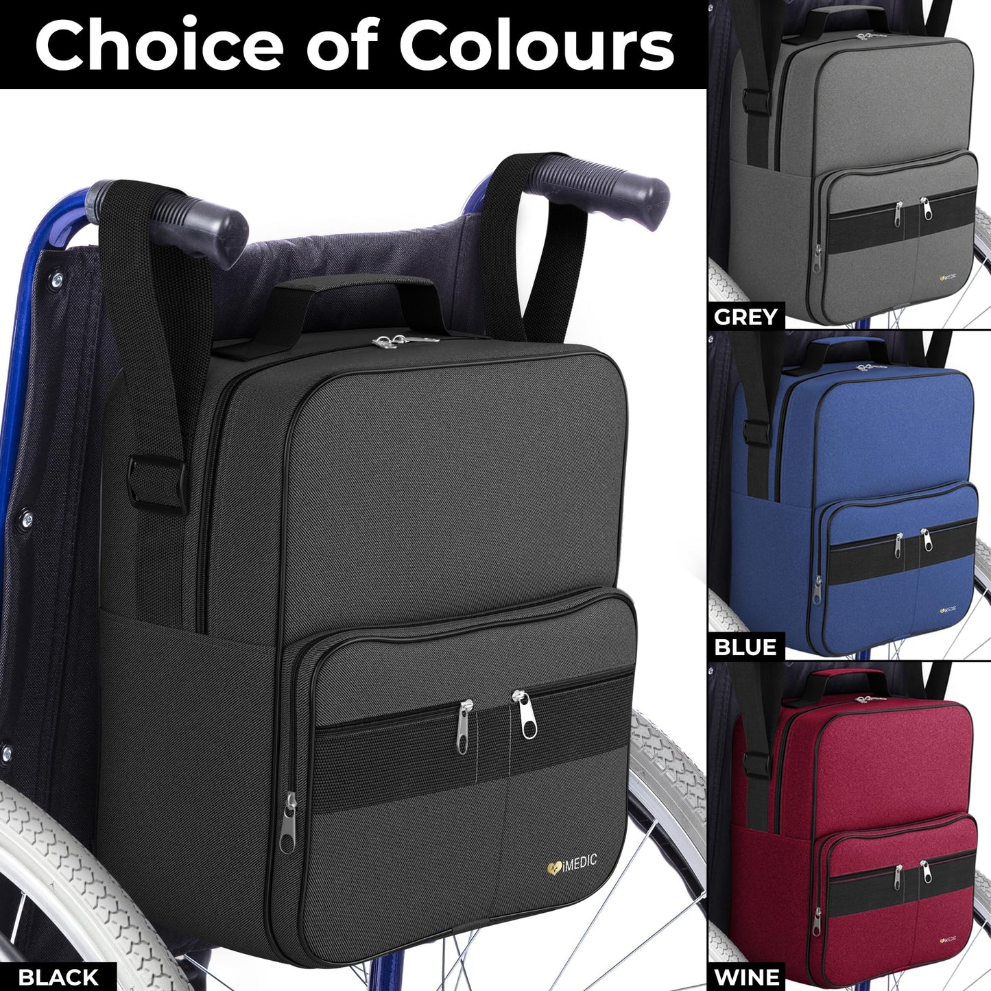 iMedic Deluxe Wheelchair Bag – Storage Backpack for Adults – Hangs Securely on Wheelchair Back – Organiser for Mobility & Electric Wheelchairs – Black
