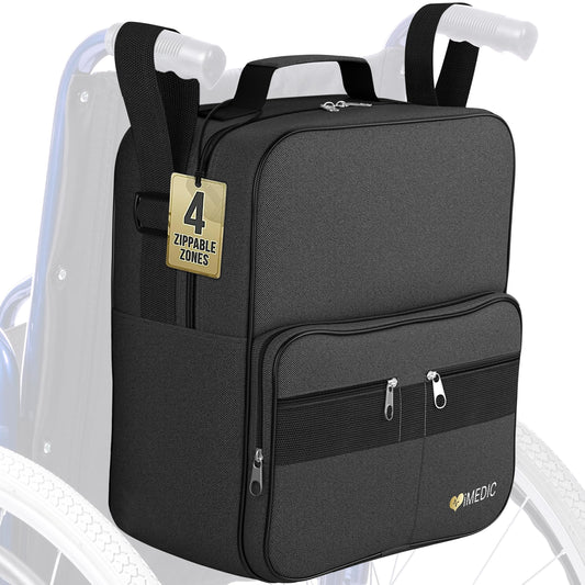 iMedic Deluxe Wheelchair Bag – Storage Backpack for Adults – Hangs Securely on Wheelchair Back – Organiser for Mobility & Electric Wheelchairs – Black