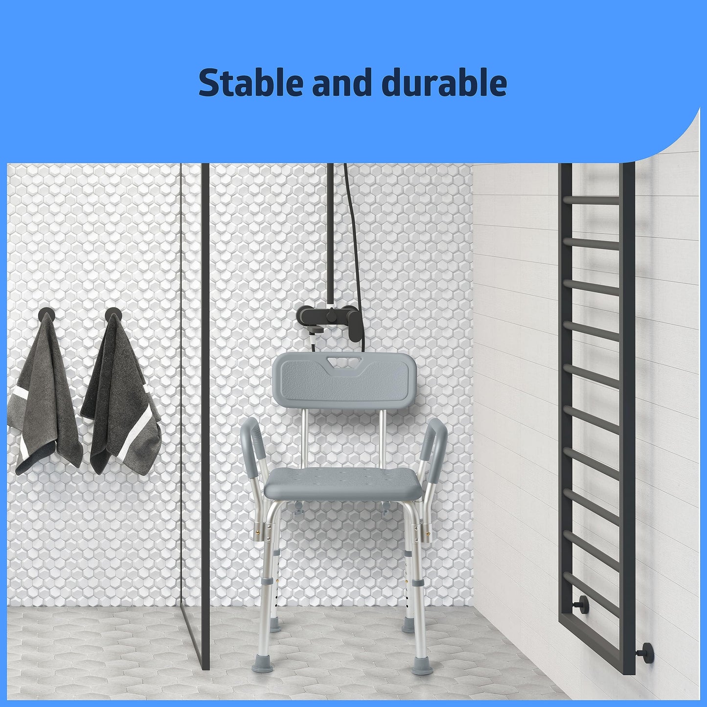 Medline Shower Chair with Backrest and Padded Armrests - 350 lb. capacity, Bath Bench, Seat, Stool for Independent Adult, Seniors, Elderly & Disabled Patients
