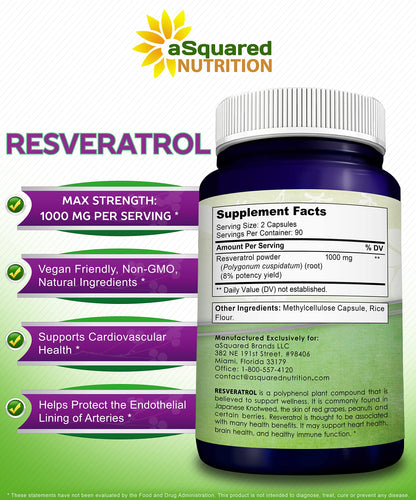 100% Natural Resveratrol - 1000mg Per Serving Max Strength (180 Capsules) Antioxidant Supplement, Trans-Resveratrol Pills for Heart Health & Pure, Polyphenols