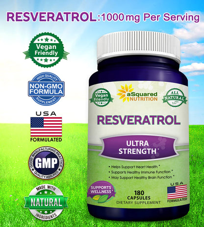 100% Natural Resveratrol - 1000mg Per Serving Max Strength (180 Capsules) Antioxidant Supplement, Trans-Resveratrol Pills for Heart Health & Pure, Polyphenols